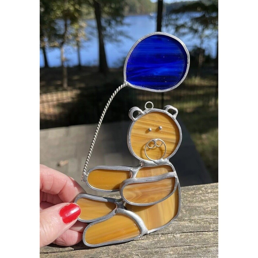Stained Glass Teddy Bear Holding Balloon Sun Catcher Leaded Approx 6"